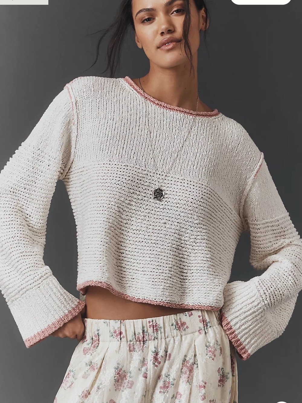 Pilcro Cream Cropped Boatneck Sweater with Pink Trim - Picture 2 of 5